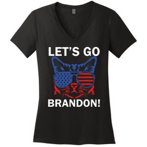 Let’s Go Brandon Cat Conservative American Flag Women's V-Neck T-Shirt