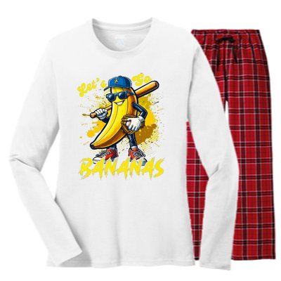 Lets Go Bananas Banana Playing Baseball Baseball Player Gift Women's Long Sleeve Flannel Pajama Set 