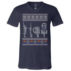 LGBT Liberty Guns Beer Trump Support Ugly Christmas V-Neck T-Shirt