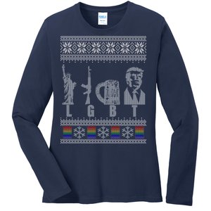 LGBT Liberty Guns Beer Trump Support Ugly Christmas Ladies Long Sleeve Shirt