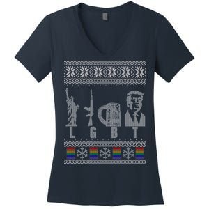 LGBT Liberty Guns Beer Trump Support Ugly Christmas Women's V-Neck T-Shirt