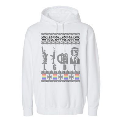 LGBT Liberty Guns Beer Trump Support Ugly Christmas Garment-Dyed Fleece Hoodie