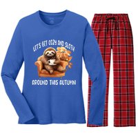 LetS Get Cozy And Sloth Cute Autumn Leaves Sloth Great Gift Women's Long Sleeve Flannel Pajama Set 