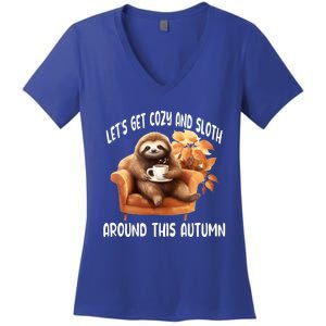 LetS Get Cozy And Sloth Cute Autumn Leaves Sloth Great Gift Women's V-Neck T-Shirt