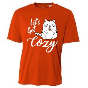 LetS Get Cozy Cat With Hot Coffee Coco Tea Or Cider Cute Gift Cooling Performance Crew T-Shirt