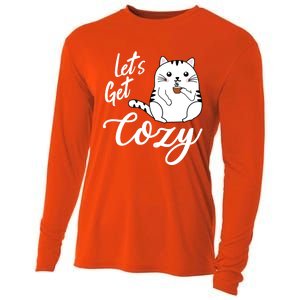 LetS Get Cozy Cat With Hot Coffee Coco Tea Or Cider Cute Gift Cooling Performance Long Sleeve Crew