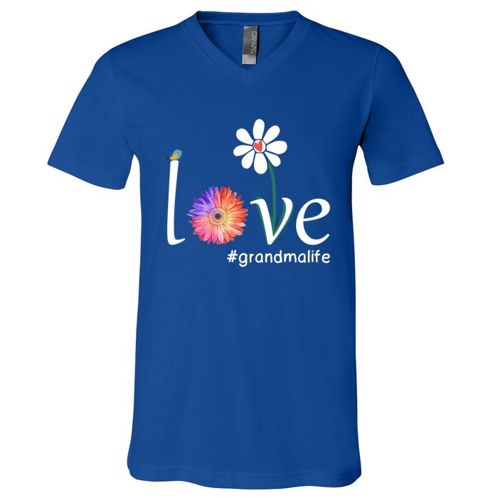 Love #Grandmalife Cute Watercolor Flower Bird Mother's Day Funny Gift V-Neck T-Shirt