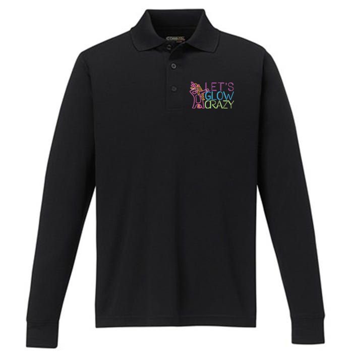 Lets Glow Crazy Glow Party 80s Retro Unicorn Party Performance Long Sleeve Polo