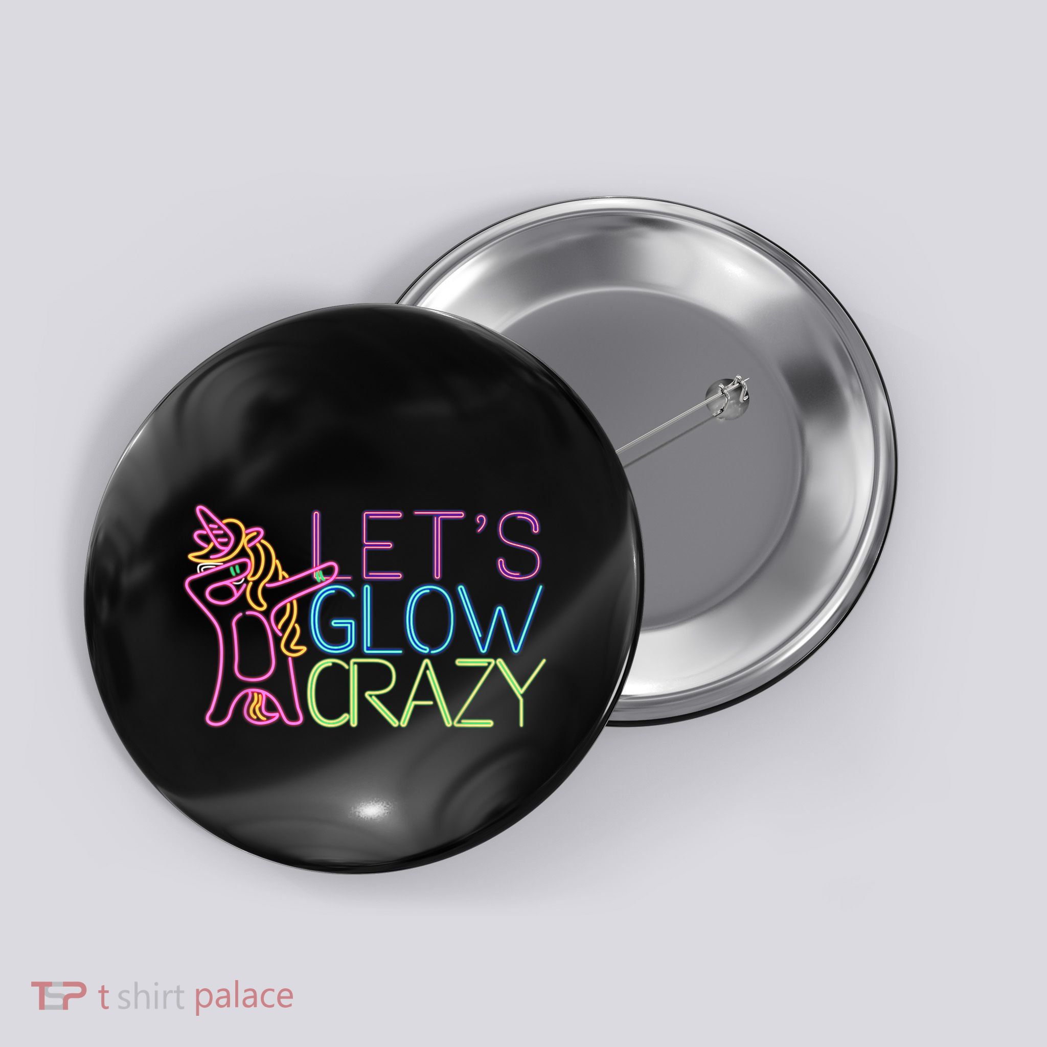 Lets Glow Crazy Glow Party 80s Retro Unicorn Party Button