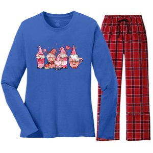 Love Gnome Cute Coffee Cups Hearts Red Plaid Valentine's Day Gift Women's Long Sleeve Flannel Pajama Set 