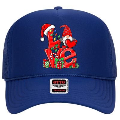 Love Gnomes Christmas Lights Santa Hat Family Xmas Pajamas Gift High Crown Mesh Back Trucker Hat