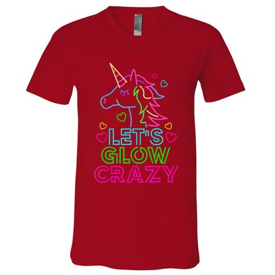 Let's Glow Crazy Glow Party 80s Retro Unicorn Costume Funny V-Neck T-Shirt