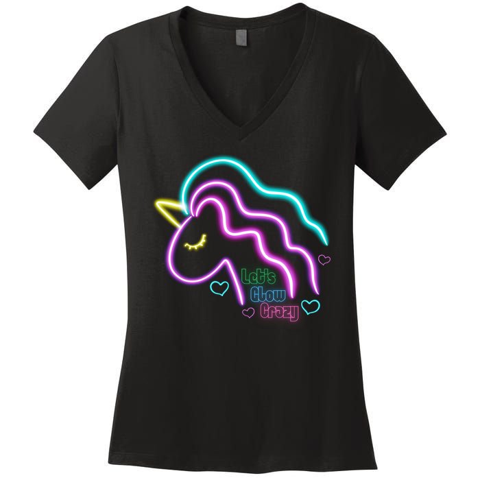 Let's Glow Crazy Unicorn Cute Women's V-Neck T-Shirt