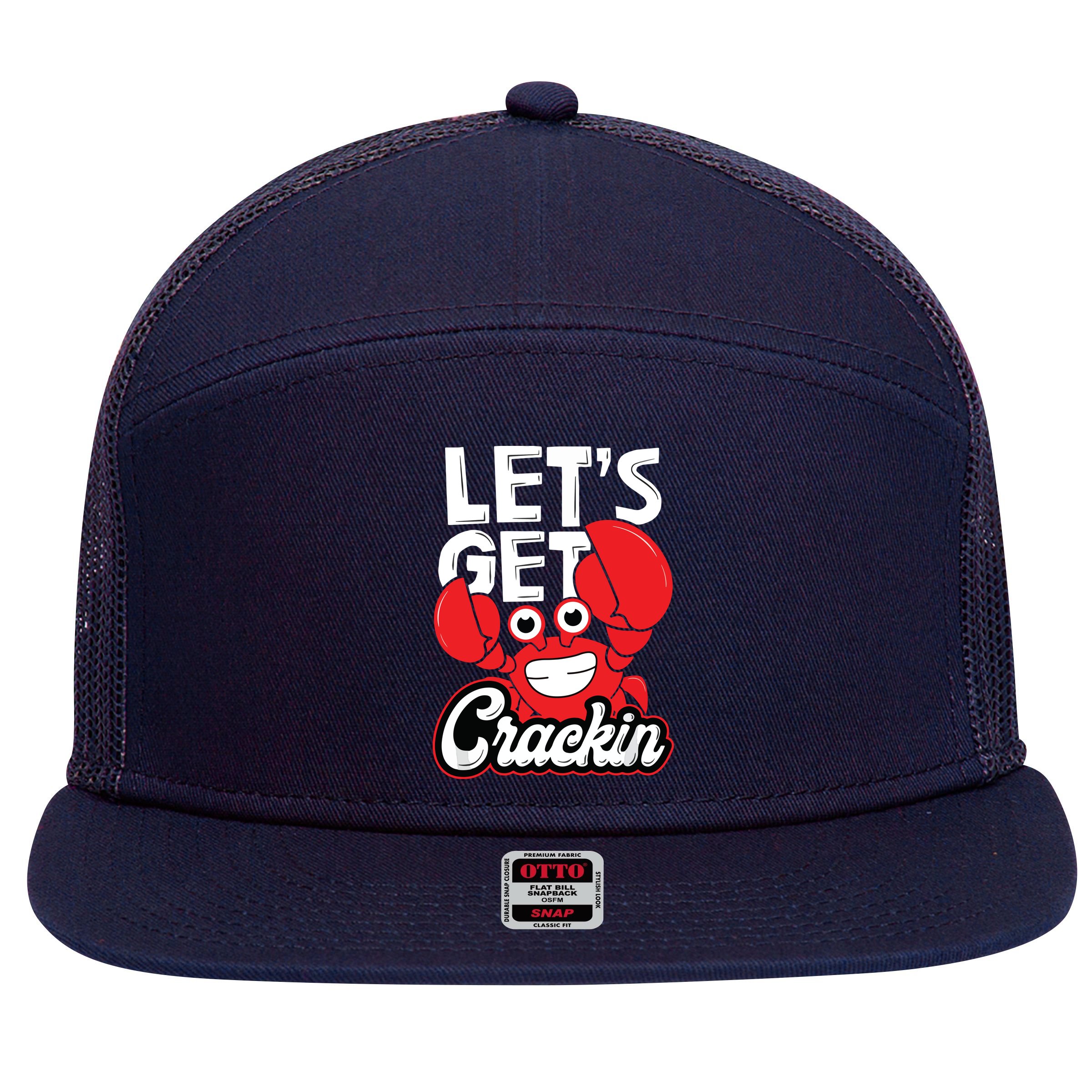 Let's Get Crackin Funny Crab Eater Seafood Lover Crab Boil 7 Panel Mesh Trucker Snapback Hat