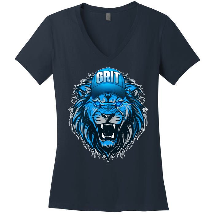 Lion Grit Detroit Football Sports Fan Women's V-Neck T-Shirt