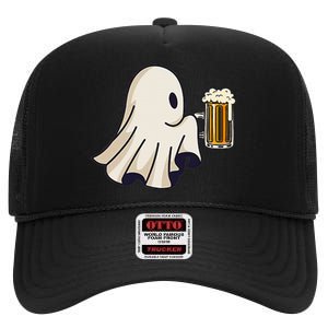 Little Ghost Drinking Beer Funny Halloween Costume High Crown Mesh Back Trucker Hat