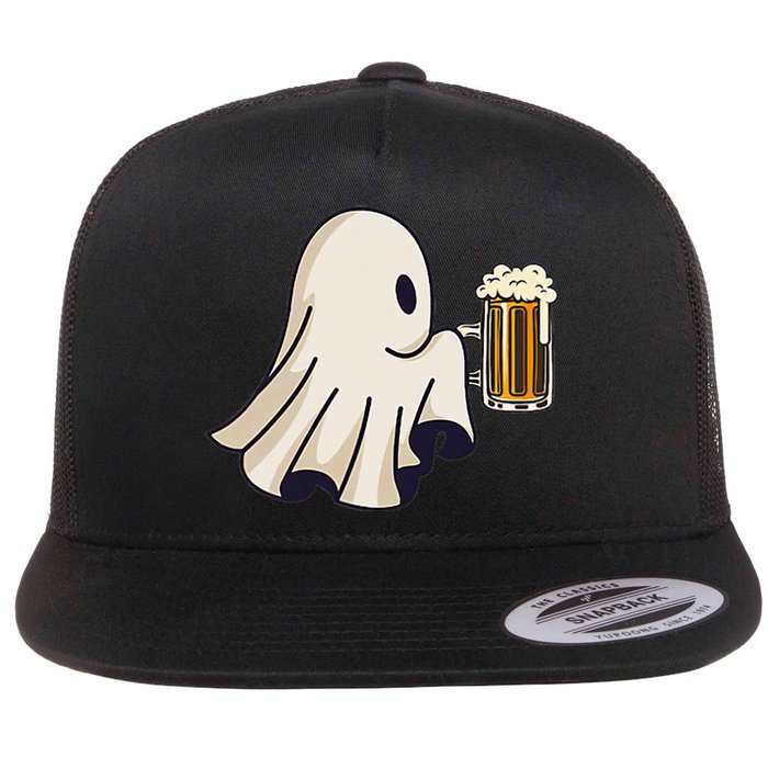 Little Ghost Drinking Beer Funny Halloween Costume Flat Bill Trucker Hat