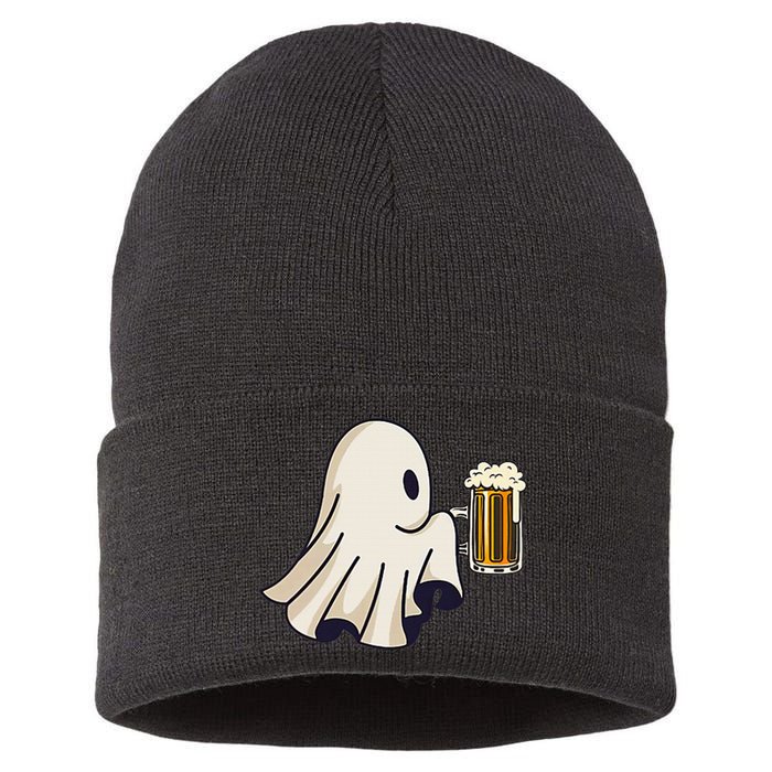 Little Ghost Drinking Beer Funny Halloween Costume Sustainable Knit Beanie