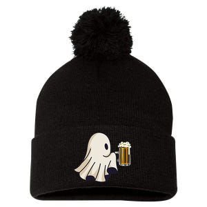 Little Ghost Drinking Beer Funny Halloween Costume Pom Pom 12in Knit Beanie