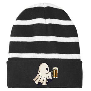 Little Ghost Drinking Beer Funny Halloween Costume Striped Beanie with Solid Band