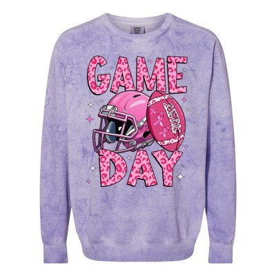 Leopard Game Day P.Ink American Football Tackle Breast Cancer Gift Colorblast Crewneck Sweatshirt