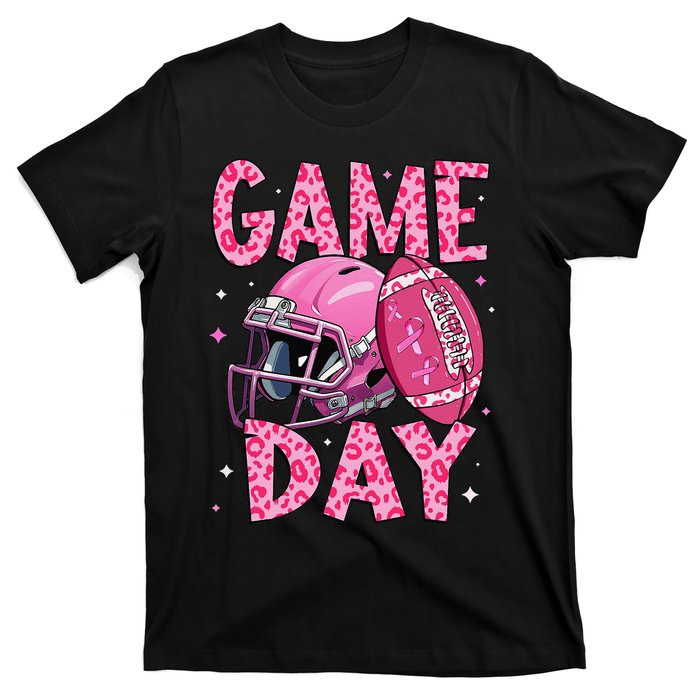 Leopard Game Day P.Ink American Football Tackle Breast Cancer Gift T-Shirt