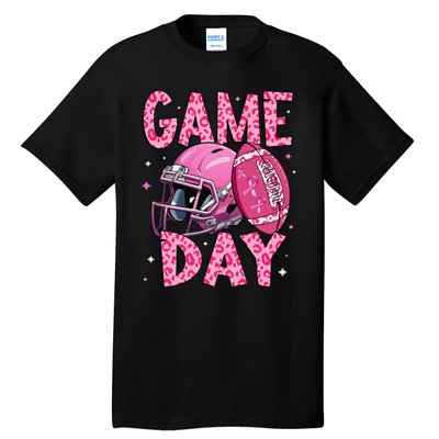 Leopard Game Day P.Ink American Football Tackle Breast Cancer Gift Tall T-Shirt