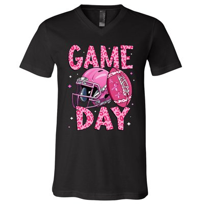 Leopard Game Day P.Ink American Football Tackle Breast Cancer Gift V-Neck T-Shirt