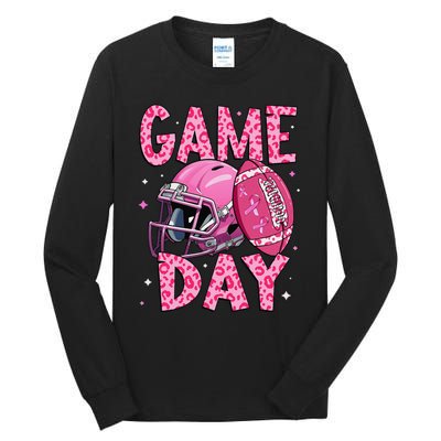 Leopard Game Day P.Ink American Football Tackle Breast Cancer Gift Tall Long Sleeve T-Shirt