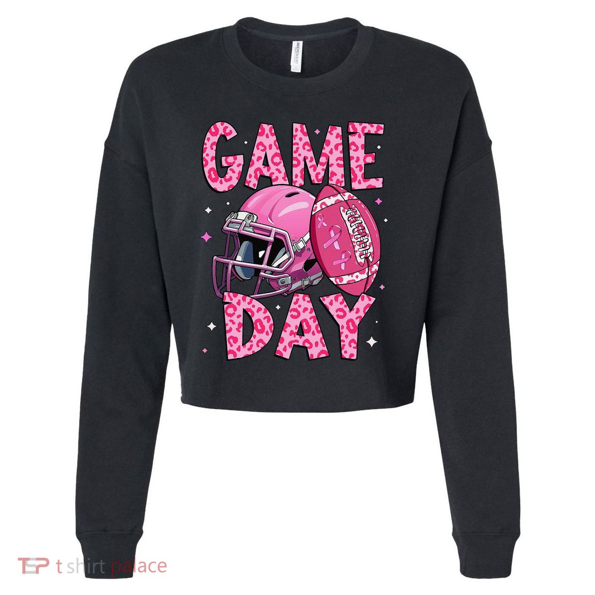 Leopard Game Day P.Ink American Football Tackle Breast Cancer Gift Cropped Pullover Crew