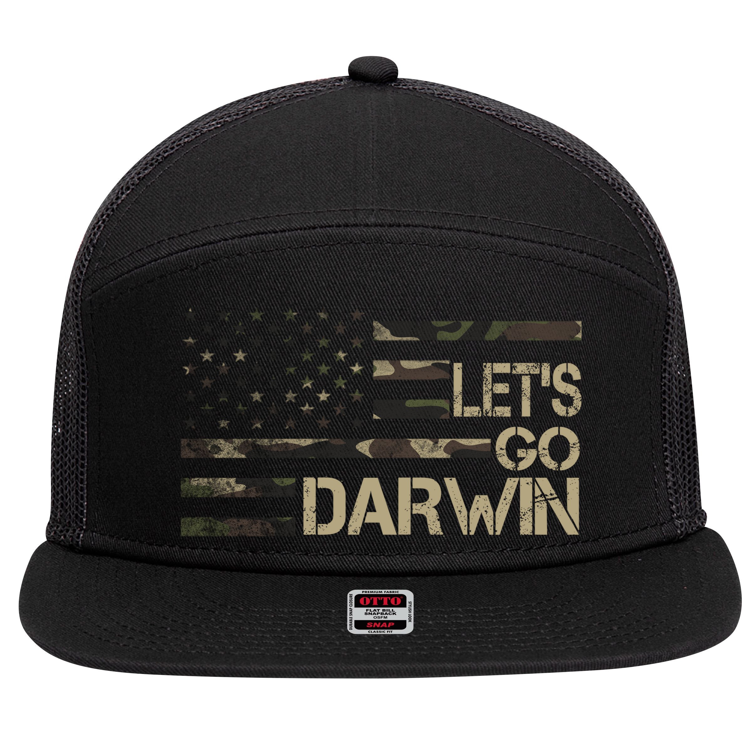 Lets Go Darwin US Camo Military Flag 7 Panel Mesh Trucker Snapback Hat