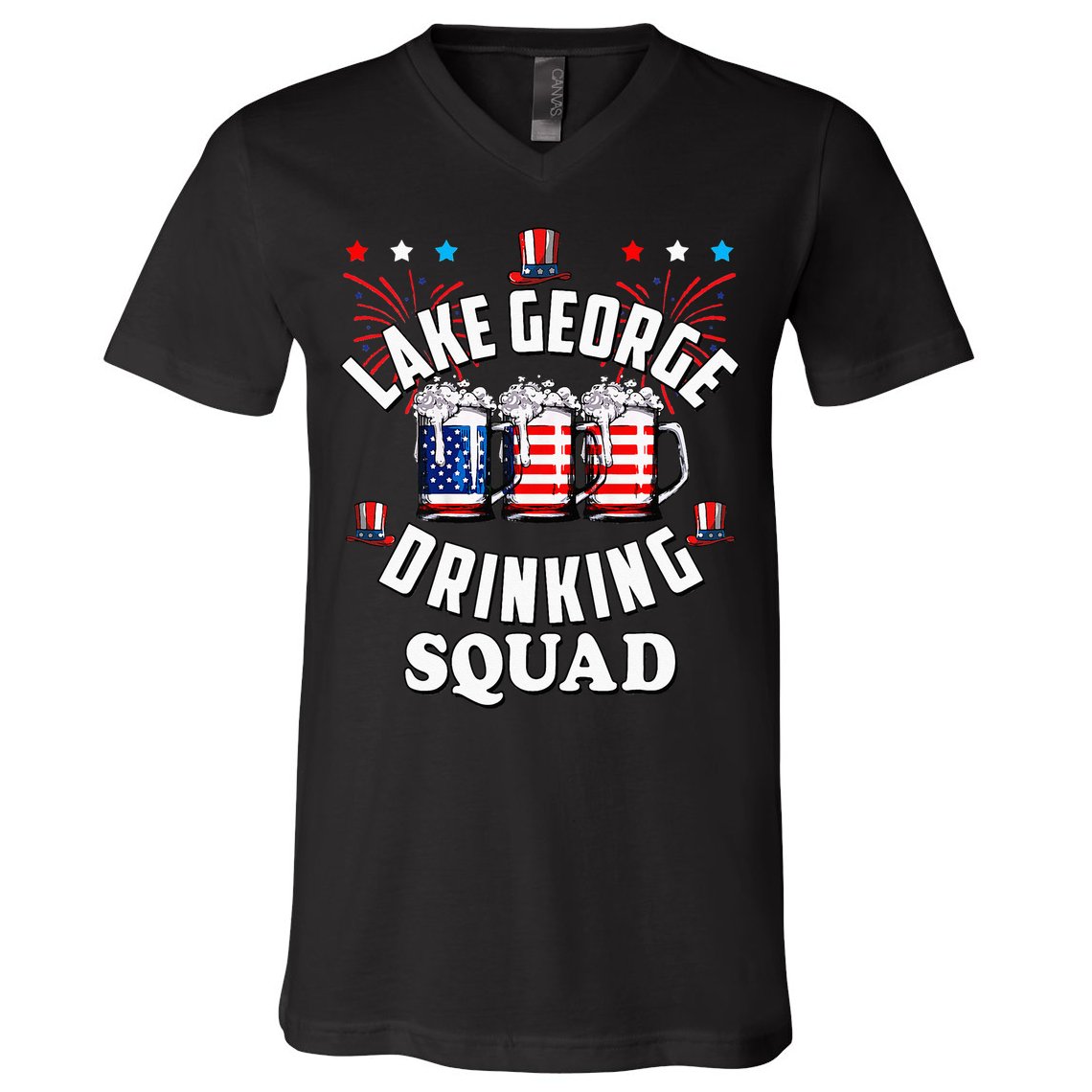lake george drinking squad 4th of july usa flag beer V-Neck T-Shirt