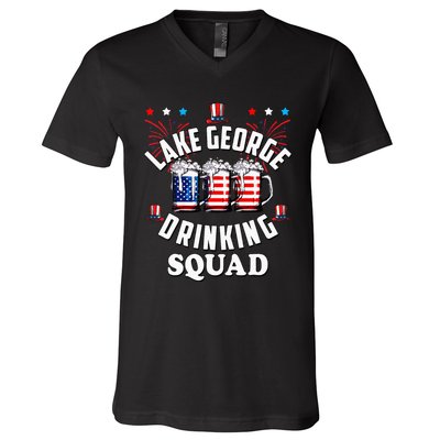 lake george drinking squad 4th of july usa flag beer V-Neck T-Shirt