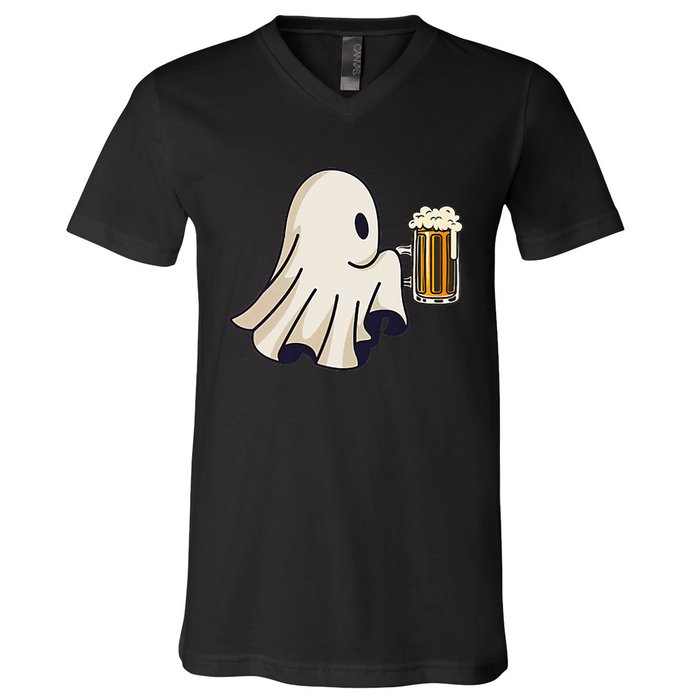 Little Ghost Drinking Beer Funny Halloween Costume V-Neck T-Shirt