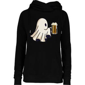 Little Ghost Drinking Beer Funny Halloween Costume Womens Funnel Neck Pullover Hood