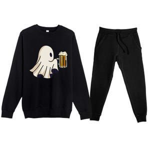 Little Ghost Drinking Beer Funny Halloween Costume Premium Crewneck Sweatsuit Set