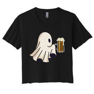 Little Ghost Drinking Beer Funny Halloween Costume Women's Crop Top Tee