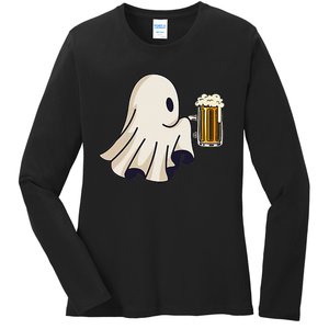 Little Ghost Drinking Beer Funny Halloween Costume Ladies Long Sleeve Shirt