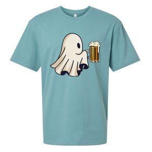 Little Ghost Drinking Beer Funny Halloween Costume Sueded Cloud Jersey T-Shirt