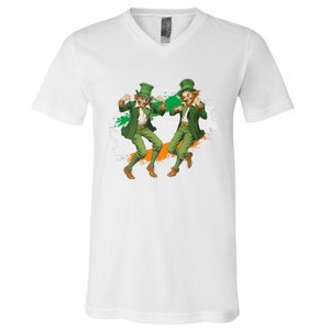 Leprechauns Gridd Dance St Patricks Day Irish Flag V-Neck T-Shirt