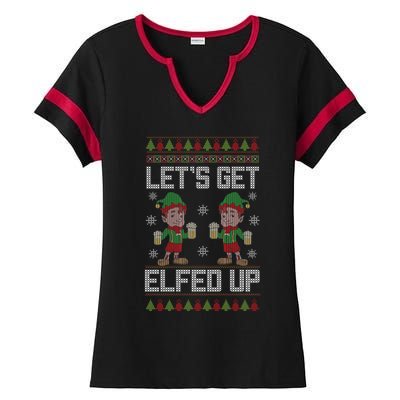 Let's Get Elfed Up Christmas Beer Elf Xmas Ing Costume Gift Ladies Halftime Notch Neck Tee