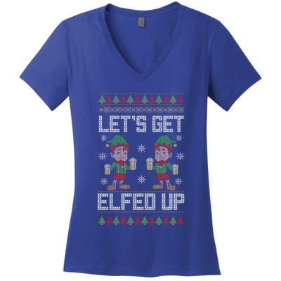 Let's Get Elfed Up Christmas Beer Elf Xmas Ing Costume Gift Women's V-Neck T-Shirt