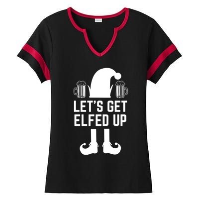 Let's Get Elfed Up Christmas Beer Elf Xmas Ing Costume Gift Ladies Halftime Notch Neck Tee