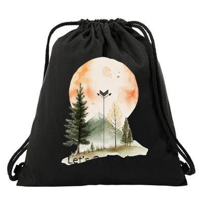Lets Go Explore Boho Mountain Wilderness Adventure Design Drawstring Bag