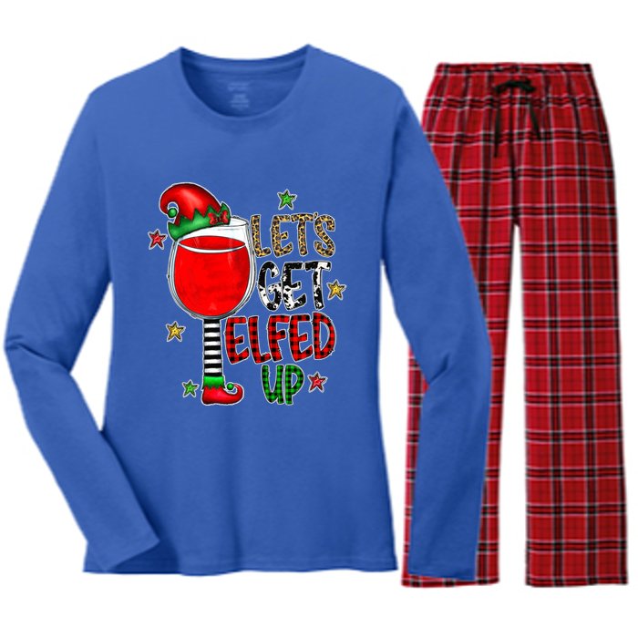 Let's Get Elfed Up Ing Wine Leopard Family Christmas Gift Women's Long Sleeve Flannel Pajama Set 