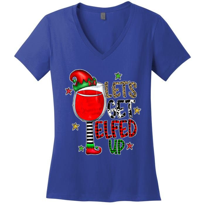 Let's Get Elfed Up Ing Wine Leopard Family Christmas Gift Women's V-Neck T-Shirt