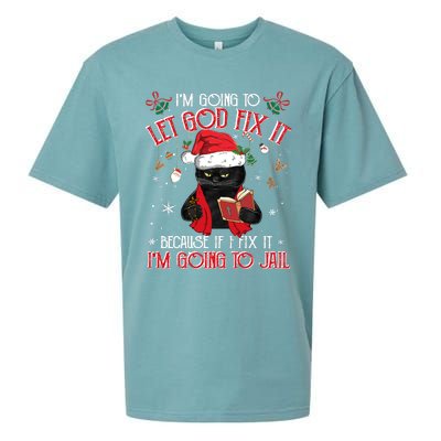 Let God Fix It I'm Going To Jail Christmas Funny Black Cat Xmas Holiday Sueded Cloud Jersey T-Shirt