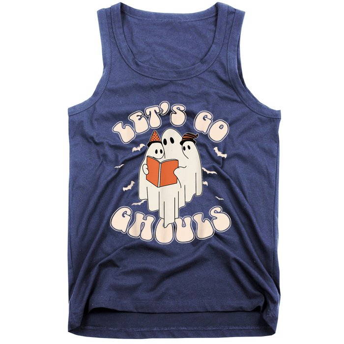 Lets Go Ghouls Retro Ghost Books Trick Or Teach Halloween Tank Top