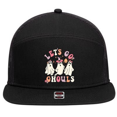 Let's Go Ghouls Funny Halloween Cute Groovy Ghost Retro Gift 7 Panel Mesh Trucker Snapback Hat