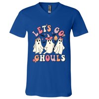 Let's Go Ghouls Funny Halloween Cute Groovy Ghost Retro Gift V-Neck T-Shirt